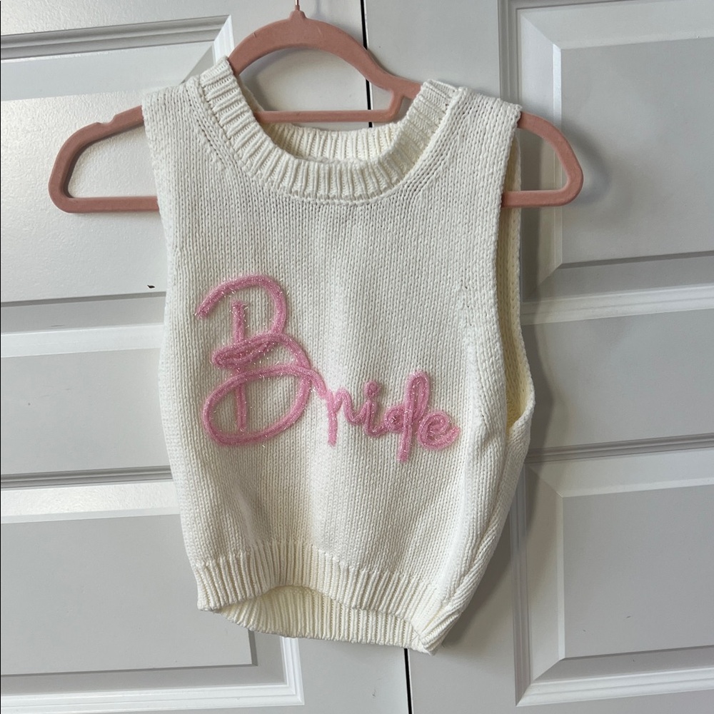 White Bride sweater vest with Pink Bride Embroidery